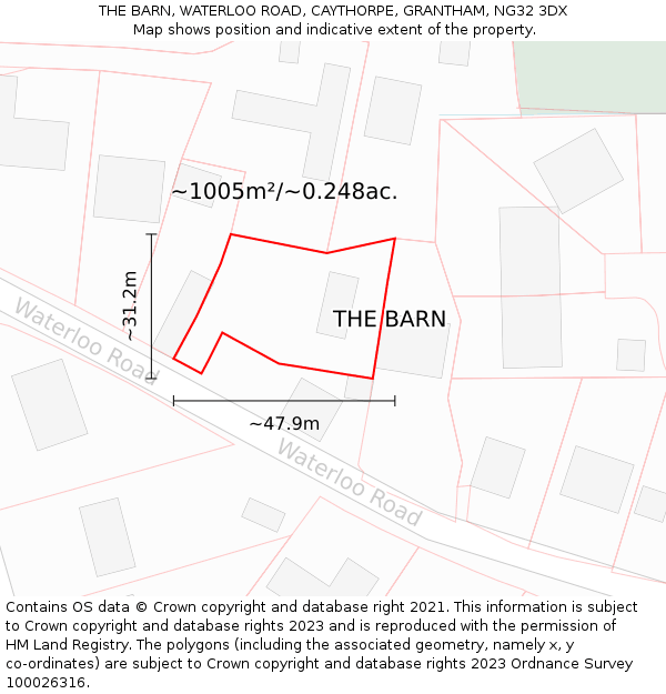THE BARN, WATERLOO ROAD, CAYTHORPE, GRANTHAM, NG32 3DX: Plot and title map