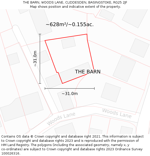 THE BARN, WOODS LANE, CLIDDESDEN, BASINGSTOKE, RG25 2JF: Plot and title map