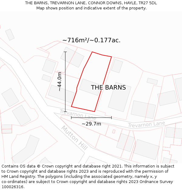 THE BARNS, TREVARNON LANE, CONNOR DOWNS, HAYLE, TR27 5DL: Plot and title map