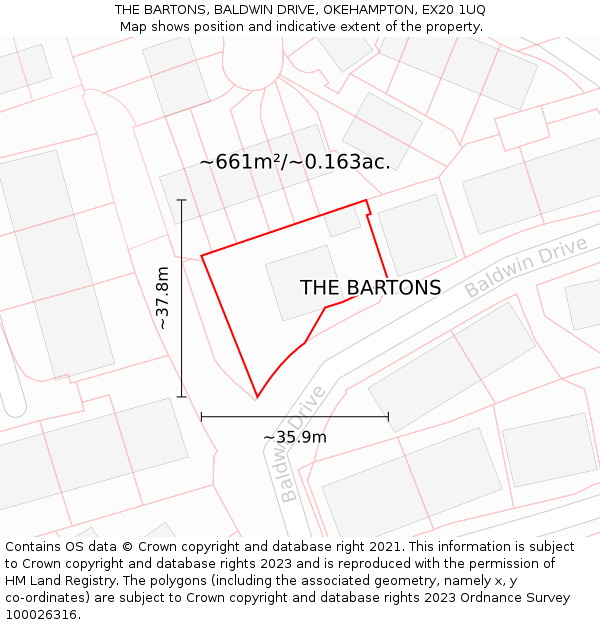 THE BARTONS, BALDWIN DRIVE, OKEHAMPTON, EX20 1UQ: Plot and title map