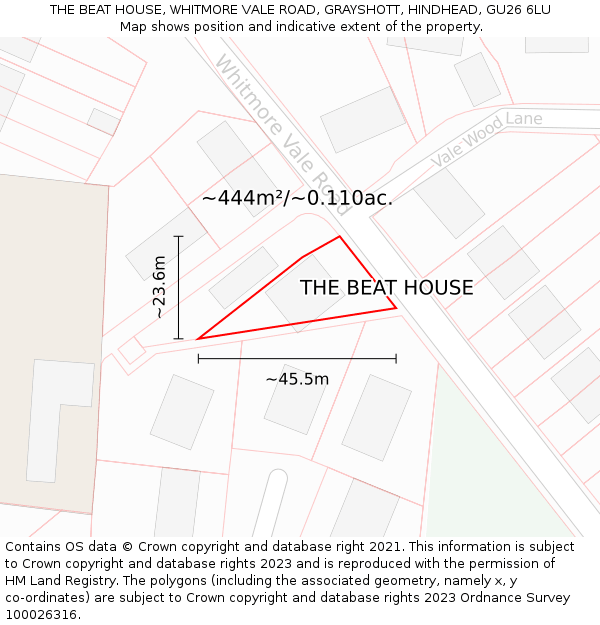 THE BEAT HOUSE, WHITMORE VALE ROAD, GRAYSHOTT, HINDHEAD, GU26 6LU: Plot and title map
