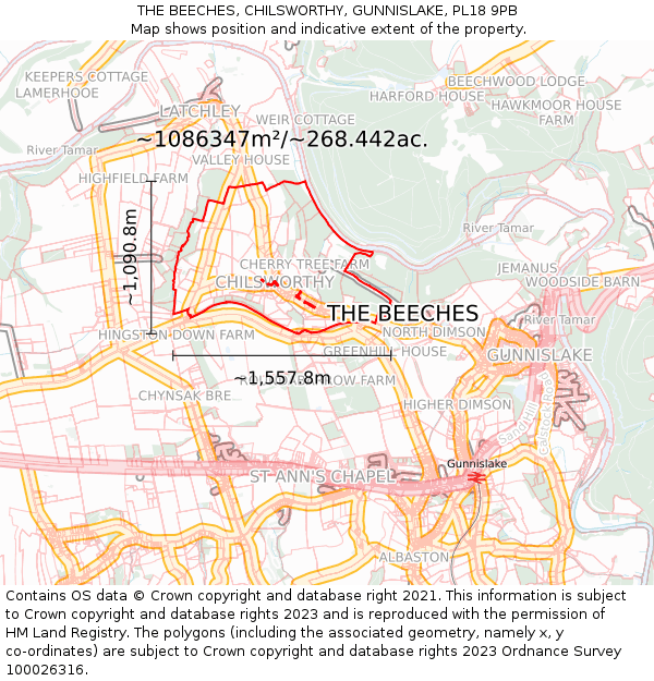 THE BEECHES, CHILSWORTHY, GUNNISLAKE, PL18 9PB: Plot and title map