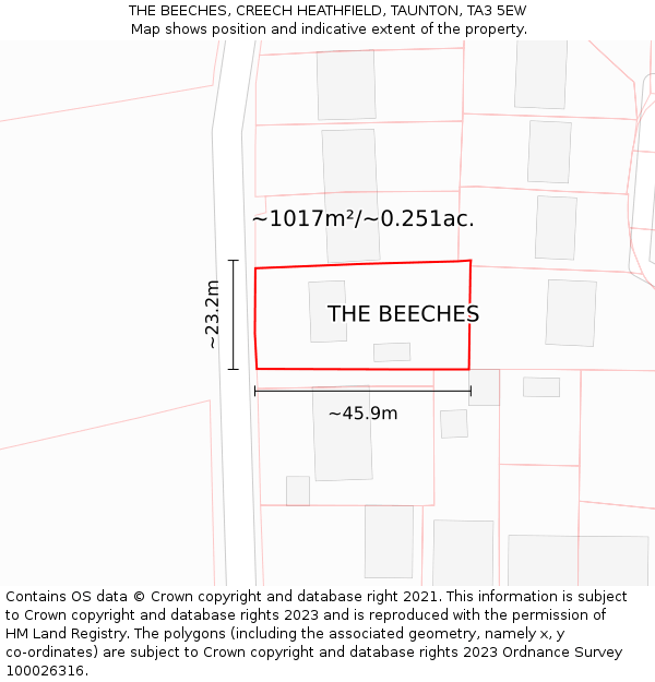 THE BEECHES, CREECH HEATHFIELD, TAUNTON, TA3 5EW: Plot and title map