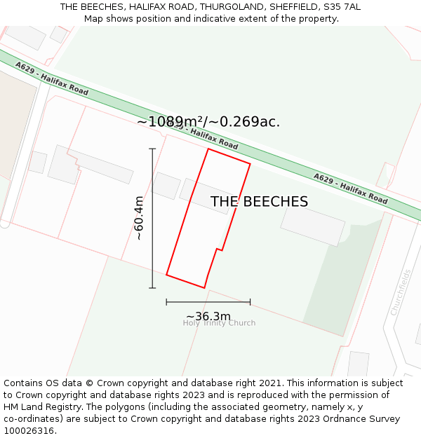 THE BEECHES, HALIFAX ROAD, THURGOLAND, SHEFFIELD, S35 7AL: Plot and title map