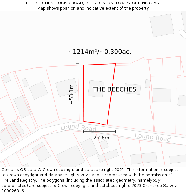 THE BEECHES, LOUND ROAD, BLUNDESTON, LOWESTOFT, NR32 5AT: Plot and title map