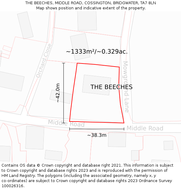 THE BEECHES, MIDDLE ROAD, COSSINGTON, BRIDGWATER, TA7 8LN: Plot and title map
