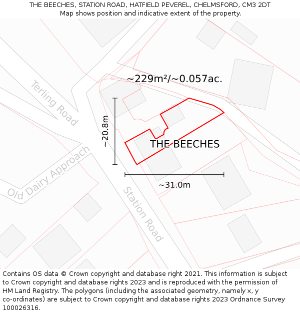 THE BEECHES, STATION ROAD, HATFIELD PEVEREL, CHELMSFORD, CM3 2DT: Plot and title map