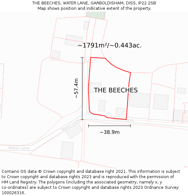 THE BEECHES, WATER LANE, GARBOLDISHAM, DISS, IP22 2SB: Plot and title map