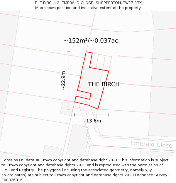 THE BIRCH, 2, EMERALD CLOSE, SHEPPERTON, TW17 9BX: Plot and title map