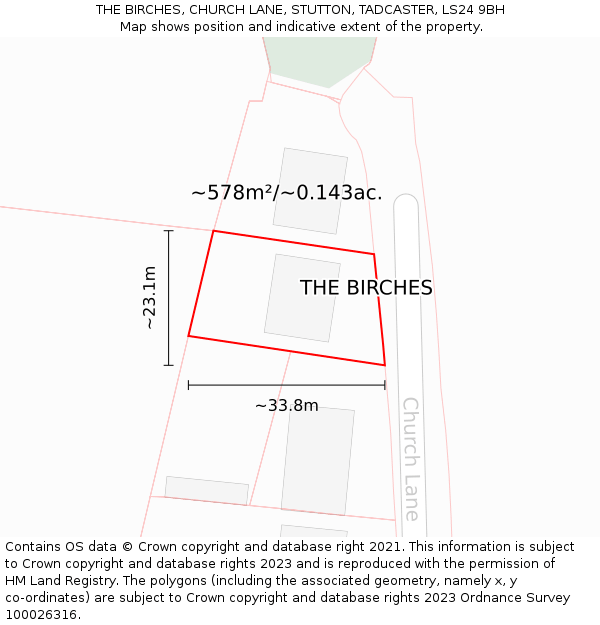 THE BIRCHES, CHURCH LANE, STUTTON, TADCASTER, LS24 9BH: Plot and title map