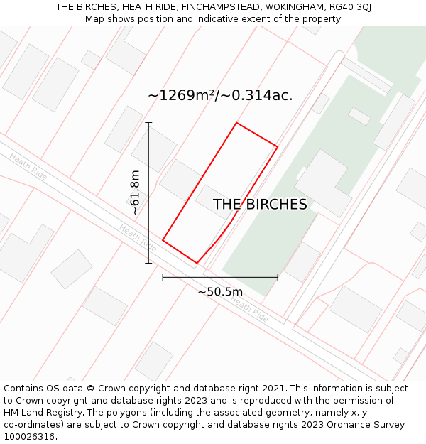 THE BIRCHES, HEATH RIDE, FINCHAMPSTEAD, WOKINGHAM, RG40 3QJ: Plot and title map
