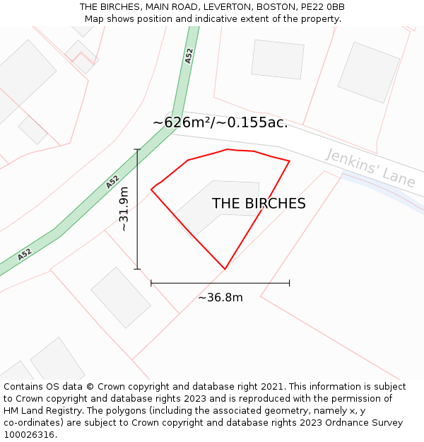 THE BIRCHES, MAIN ROAD, LEVERTON, BOSTON, PE22 0BB: Plot and title map