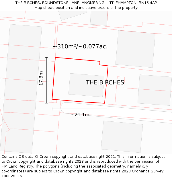 THE BIRCHES, ROUNDSTONE LANE, ANGMERING, LITTLEHAMPTON, BN16 4AP: Plot and title map