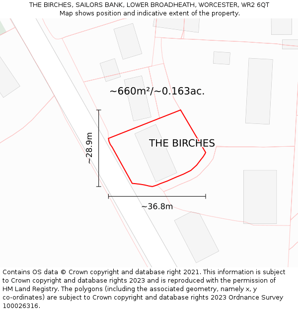 THE BIRCHES, SAILORS BANK, LOWER BROADHEATH, WORCESTER, WR2 6QT: Plot and title map