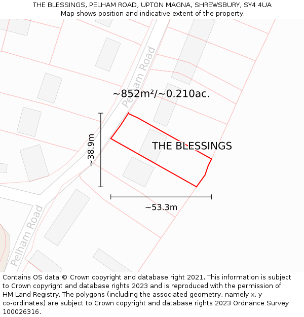 THE BLESSINGS, PELHAM ROAD, UPTON MAGNA, SHREWSBURY, SY4 4UA: Plot and title map