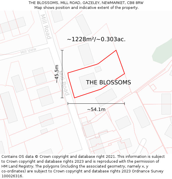 THE BLOSSOMS, MILL ROAD, GAZELEY, NEWMARKET, CB8 8RW: Plot and title map
