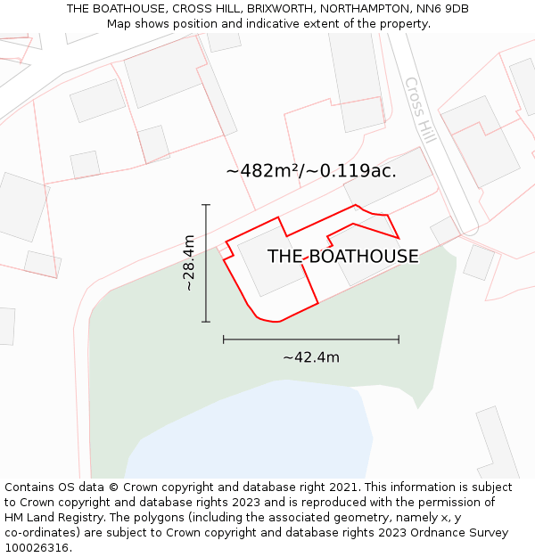 THE BOATHOUSE, CROSS HILL, BRIXWORTH, NORTHAMPTON, NN6 9DB: Plot and title map