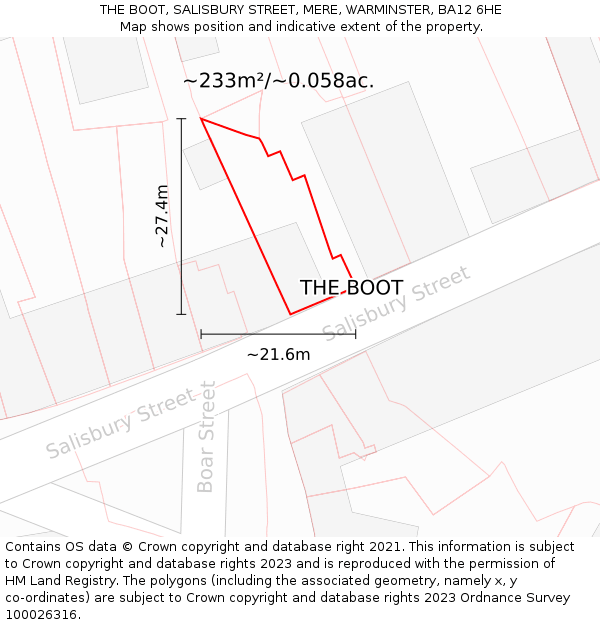 THE BOOT, SALISBURY STREET, MERE, WARMINSTER, BA12 6HE: Plot and title map