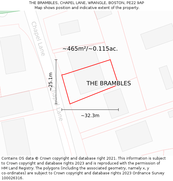 THE BRAMBLES, CHAPEL LANE, WRANGLE, BOSTON, PE22 9AP: Plot and title map
