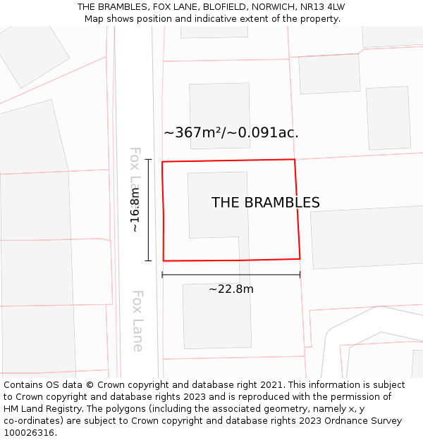 THE BRAMBLES, FOX LANE, BLOFIELD, NORWICH, NR13 4LW: Plot and title map