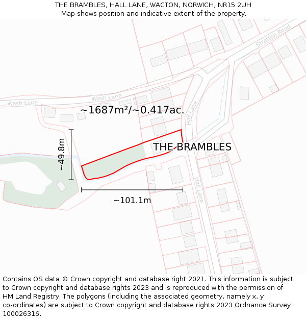 THE BRAMBLES, HALL LANE, WACTON, NORWICH, NR15 2UH: Plot and title map