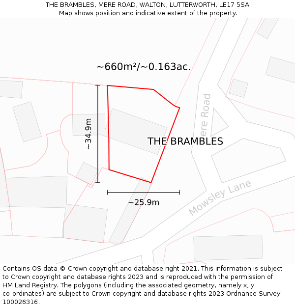 THE BRAMBLES, MERE ROAD, WALTON, LUTTERWORTH, LE17 5SA: Plot and title map