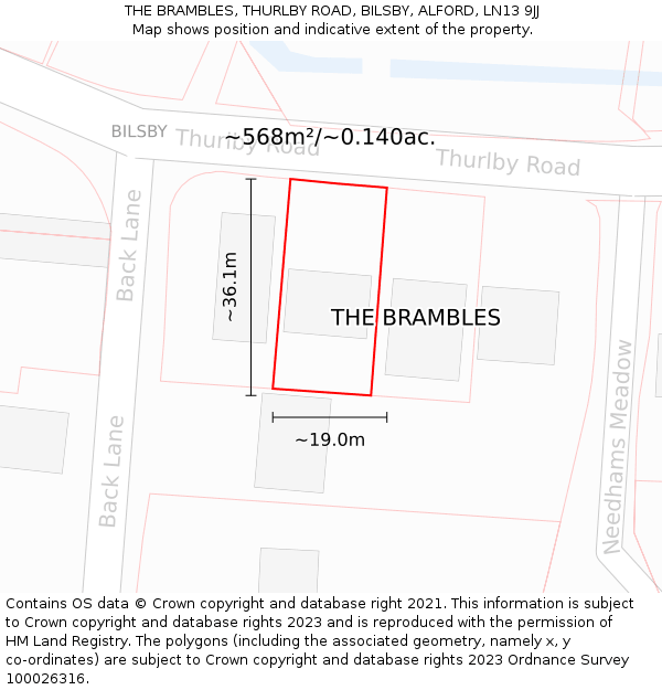 THE BRAMBLES, THURLBY ROAD, BILSBY, ALFORD, LN13 9JJ: Plot and title map
