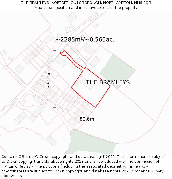 THE BRAMLEYS, NORTOFT, GUILSBOROUGH, NORTHAMPTON, NN6 8QB: Plot and title map