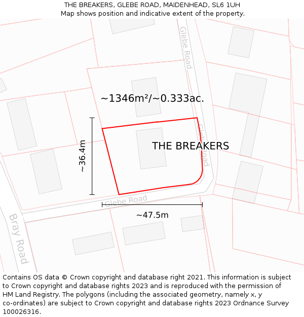 THE BREAKERS, GLEBE ROAD, MAIDENHEAD, SL6 1UH: Plot and title map