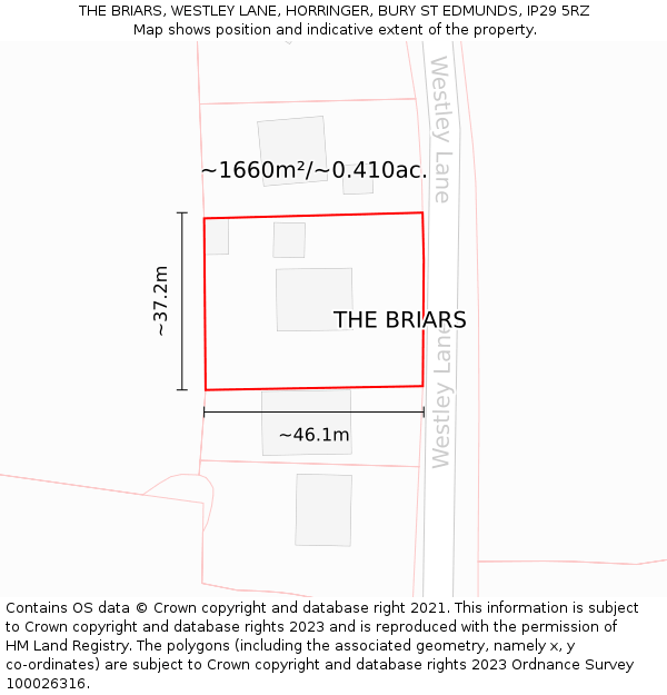THE BRIARS, WESTLEY LANE, HORRINGER, BURY ST EDMUNDS, IP29 5RZ: Plot and title map