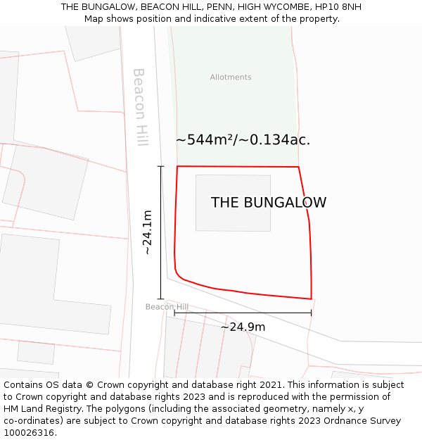 THE BUNGALOW, BEACON HILL, PENN, HIGH WYCOMBE, HP10 8NH: Plot and title map