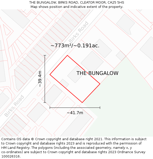 THE BUNGALOW, BIRKS ROAD, CLEATOR MOOR, CA25 5HS: Plot and title map