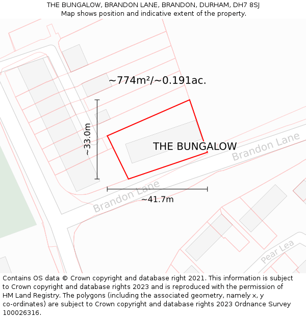 THE BUNGALOW, BRANDON LANE, BRANDON, DURHAM, DH7 8SJ: Plot and title map