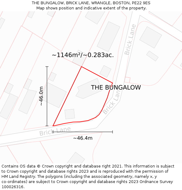 THE BUNGALOW, BRICK LANE, WRANGLE, BOSTON, PE22 9ES: Plot and title map