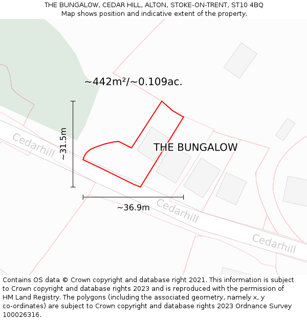 THE BUNGALOW, CEDAR HILL, ALTON, STOKE-ON-TRENT, ST10 4BQ: Plot and title map