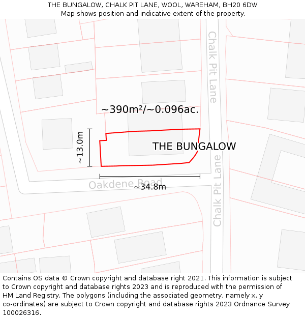 THE BUNGALOW, CHALK PIT LANE, WOOL, WAREHAM, BH20 6DW: Plot and title map