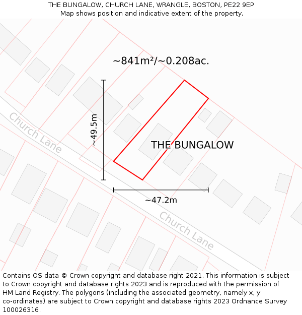 THE BUNGALOW, CHURCH LANE, WRANGLE, BOSTON, PE22 9EP: Plot and title map