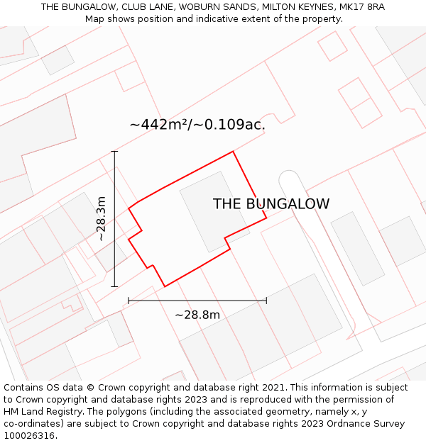 THE BUNGALOW, CLUB LANE, WOBURN SANDS, MILTON KEYNES, MK17 8RA: Plot and title map