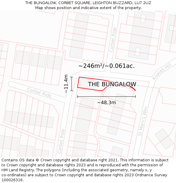 THE BUNGALOW, CORBET SQUARE, LEIGHTON BUZZARD, LU7 2UZ: Plot and title map