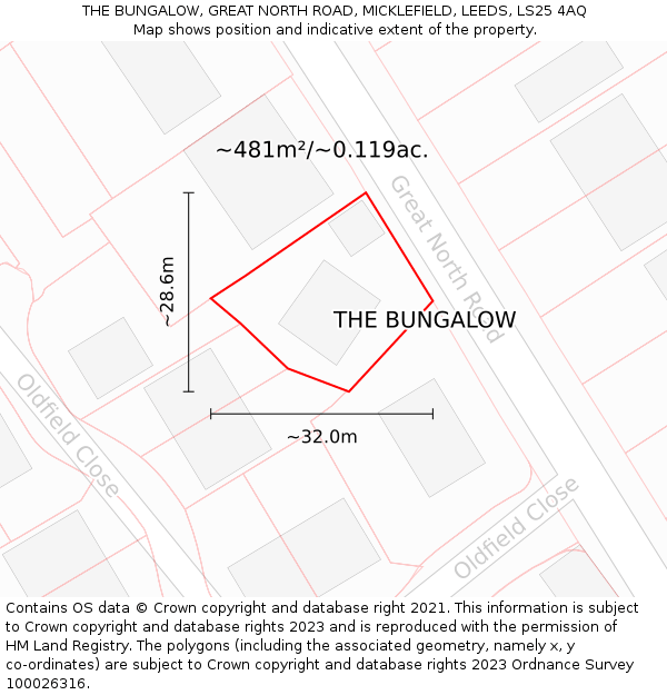 THE BUNGALOW, GREAT NORTH ROAD, MICKLEFIELD, LEEDS, LS25 4AQ: Plot and title map