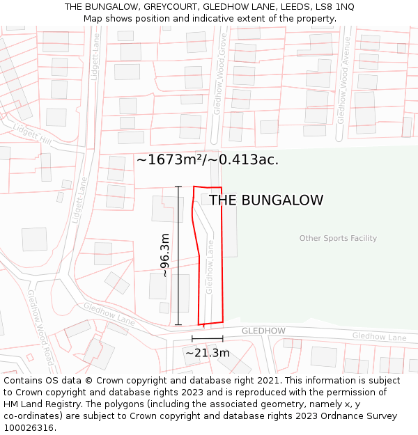 THE BUNGALOW, GREYCOURT, GLEDHOW LANE, LEEDS, LS8 1NQ: Plot and title map