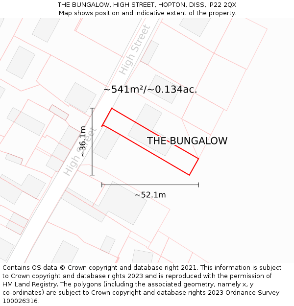 THE BUNGALOW, HIGH STREET, HOPTON, DISS, IP22 2QX: Plot and title map