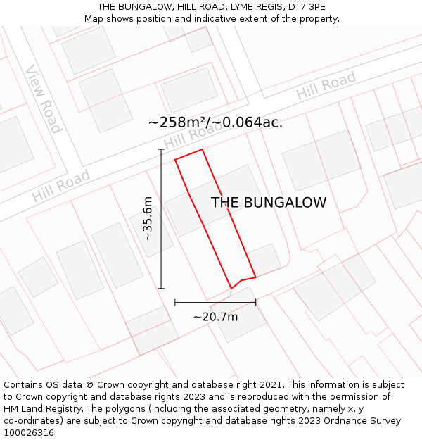 THE BUNGALOW, HILL ROAD, LYME REGIS, DT7 3PE: Plot and title map