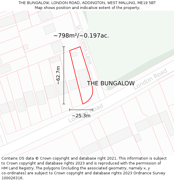 THE BUNGALOW, LONDON ROAD, ADDINGTON, WEST MALLING, ME19 5BT: Plot and title map