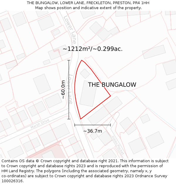 THE BUNGALOW, LOWER LANE, FRECKLETON, PRESTON, PR4 1HH: Plot and title map
