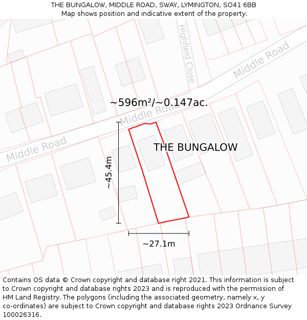THE BUNGALOW, MIDDLE ROAD, SWAY, LYMINGTON, SO41 6BB: Plot and title map