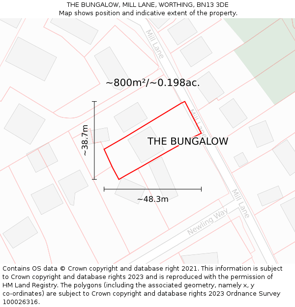 THE BUNGALOW, MILL LANE, WORTHING, BN13 3DE: Plot and title map