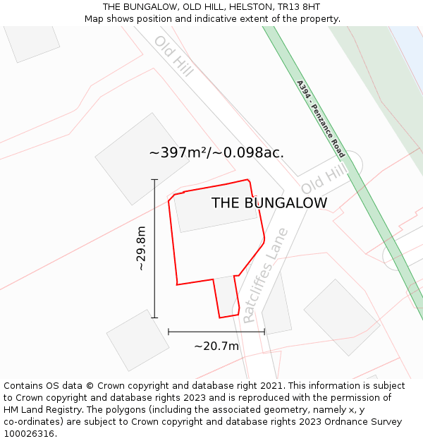 THE BUNGALOW, OLD HILL, HELSTON, TR13 8HT: Plot and title map