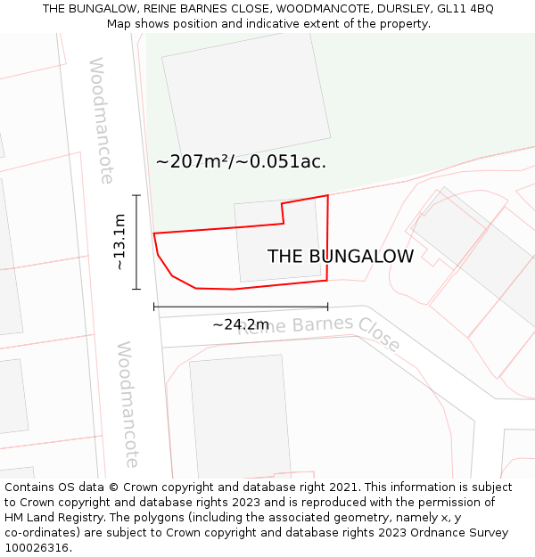 THE BUNGALOW, REINE BARNES CLOSE, WOODMANCOTE, DURSLEY, GL11 4BQ: Plot and title map