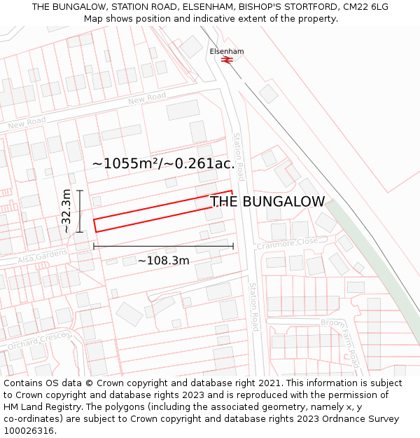 THE BUNGALOW, STATION ROAD, ELSENHAM, BISHOP'S STORTFORD, CM22 6LG: Plot and title map